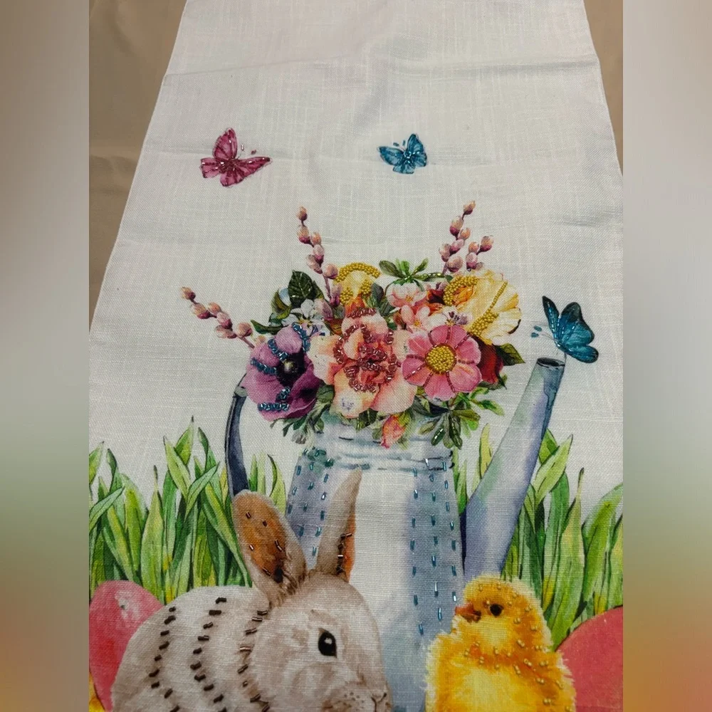 Bunny Tales Easter Beaded Table Runner White Bunny‎ Flowers Cotton